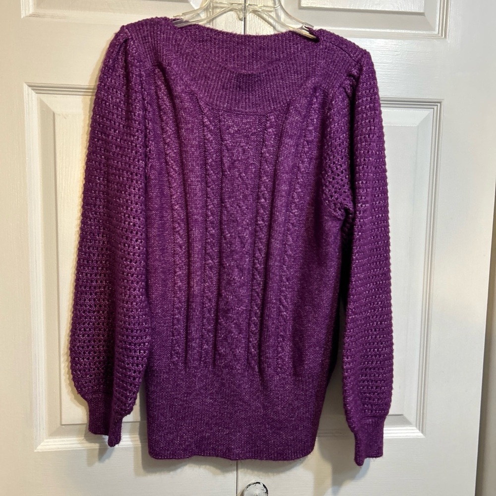 NWT Stitch By Chenault Cable Sweater Boat Neck Puff Sleeve Size L Large Purple